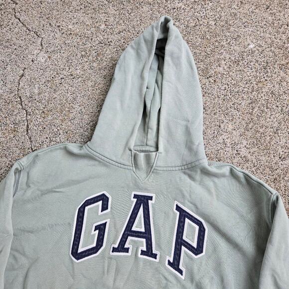 Vtg Y2k GAP Embroidered Arc Logo Spellout Earthtone Hooded Sweatshirt XXS Fit - Picture 3 of 7